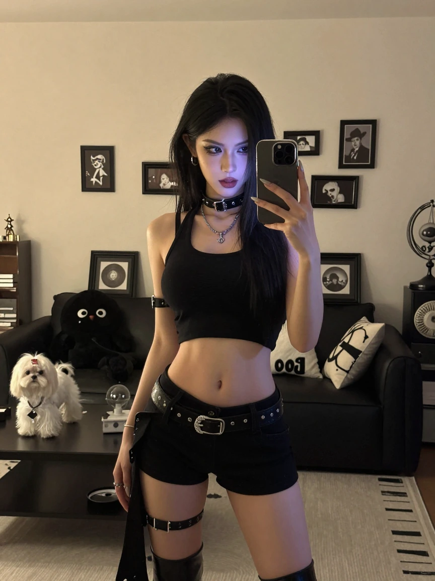 Vampirepulp cyberpunk woman taking a selfie with her Maltese, mysterious decor in her livingroom.