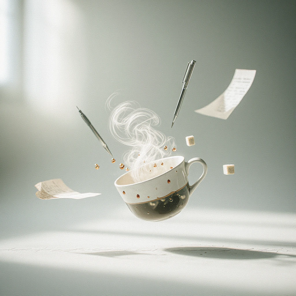 A surreal Monday morning scene where a steaming cup of coffee floats weightlessly in mid-air, defying gravity. Wisps of cream swirl upward in impossib
