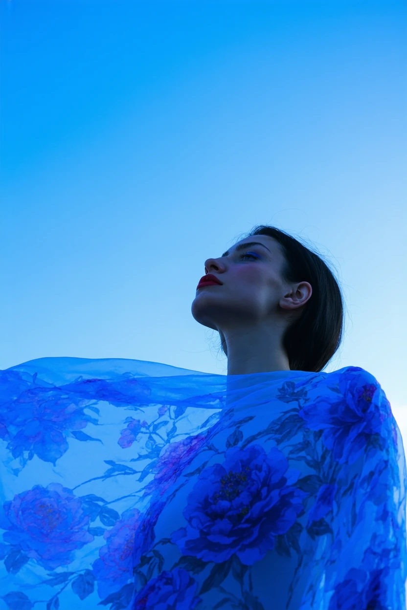 Negative space, endless cobalt-blue sky, portrait composition with the model positioned on the far right side of the canvas. A woman with dark hair, p