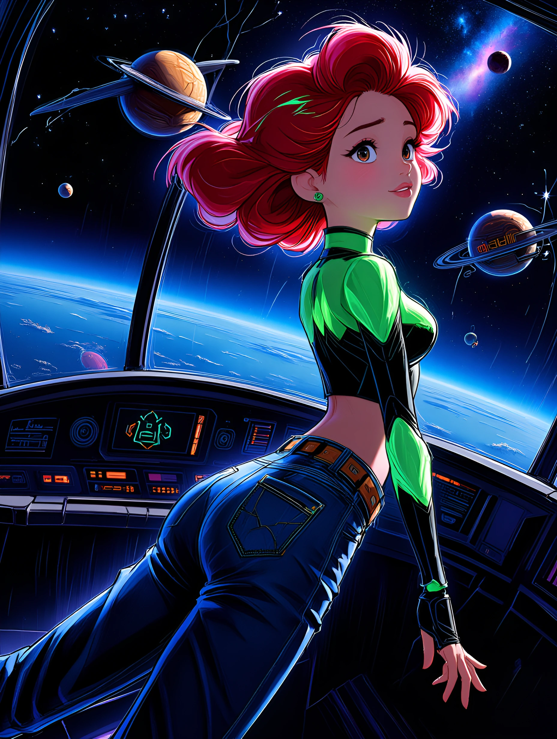 a masterwork oil painting, Classic Disney animated film scene of a cute teen red-haired girl looking serenely up at the viewer as she floats on the inside a high-tech spaceship. Her hair is neatly tied back in twin tails, and she is wearing a casual 