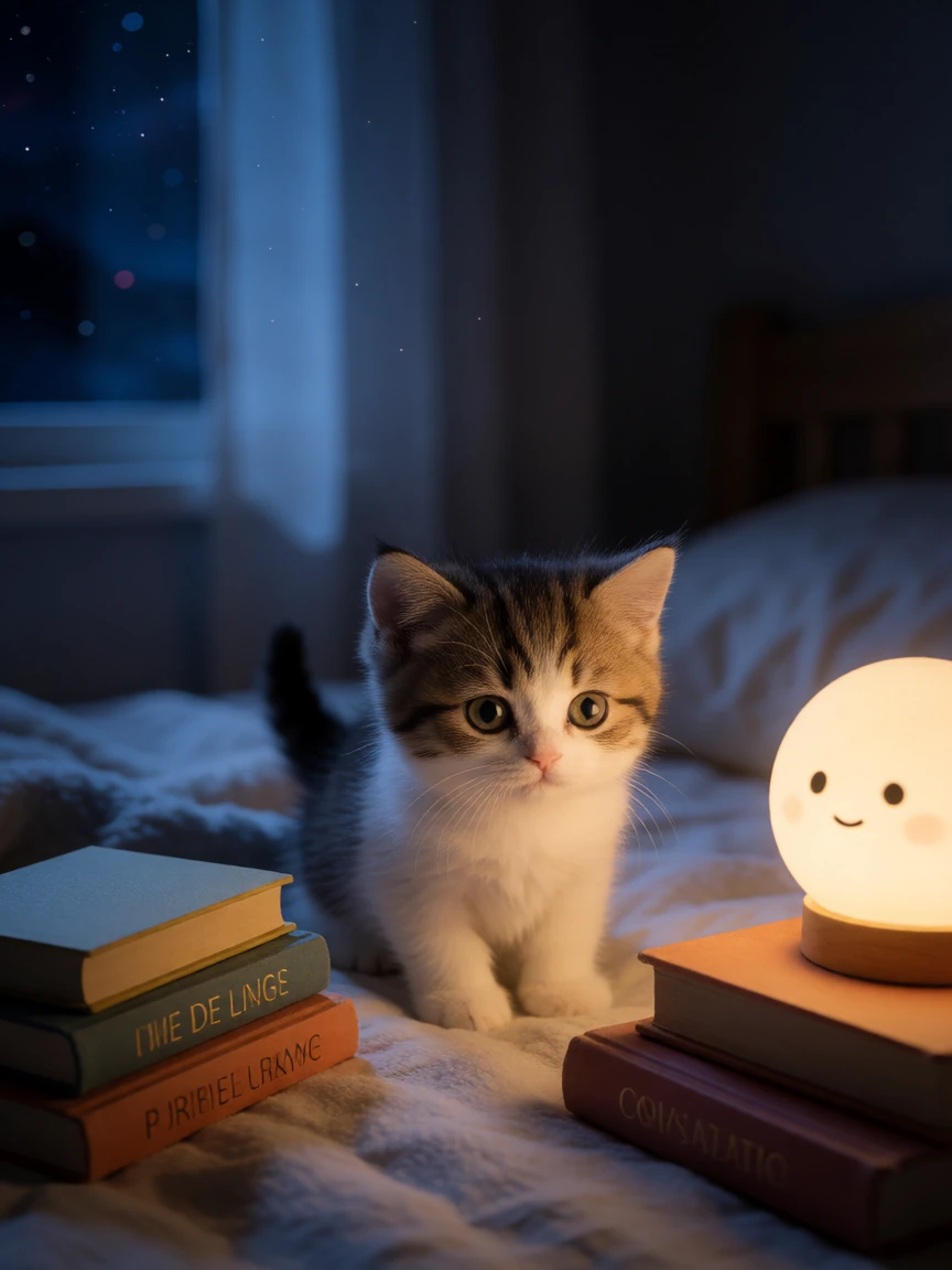 Cute little inspirational scene of a tiny kitten in the bedroom late at night. Very cozy. Cute little comforting books around. Realistic photo