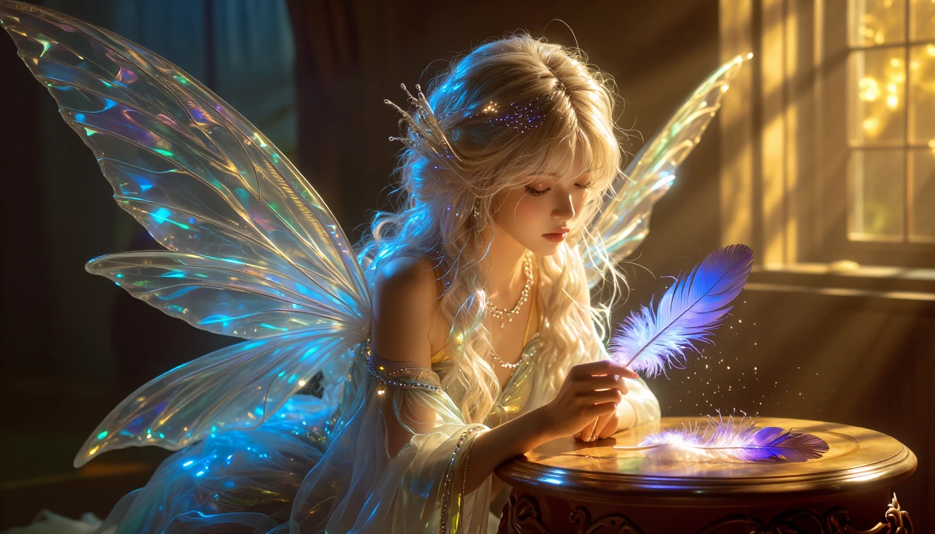 A dazzling, ethereal fairy woman with shimmering, iridescent wings sits gracefully on an ornate wooden table Her delicate features are framed by flowing, luminescent hair that sparkles with hints of gold and silver She has a shy demeanor, her large,