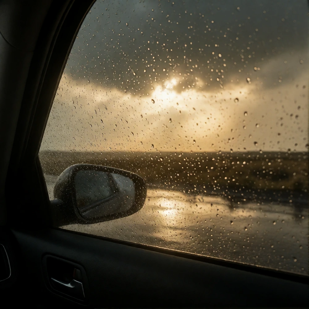 view from inside a car looking out through a window with lingering raindrops, the storm has just passed and the sky is breaking open with golden light, wet pavement reflecting the clearing sky, moody but hopeful atmosphere, cinematic lighting, shallo