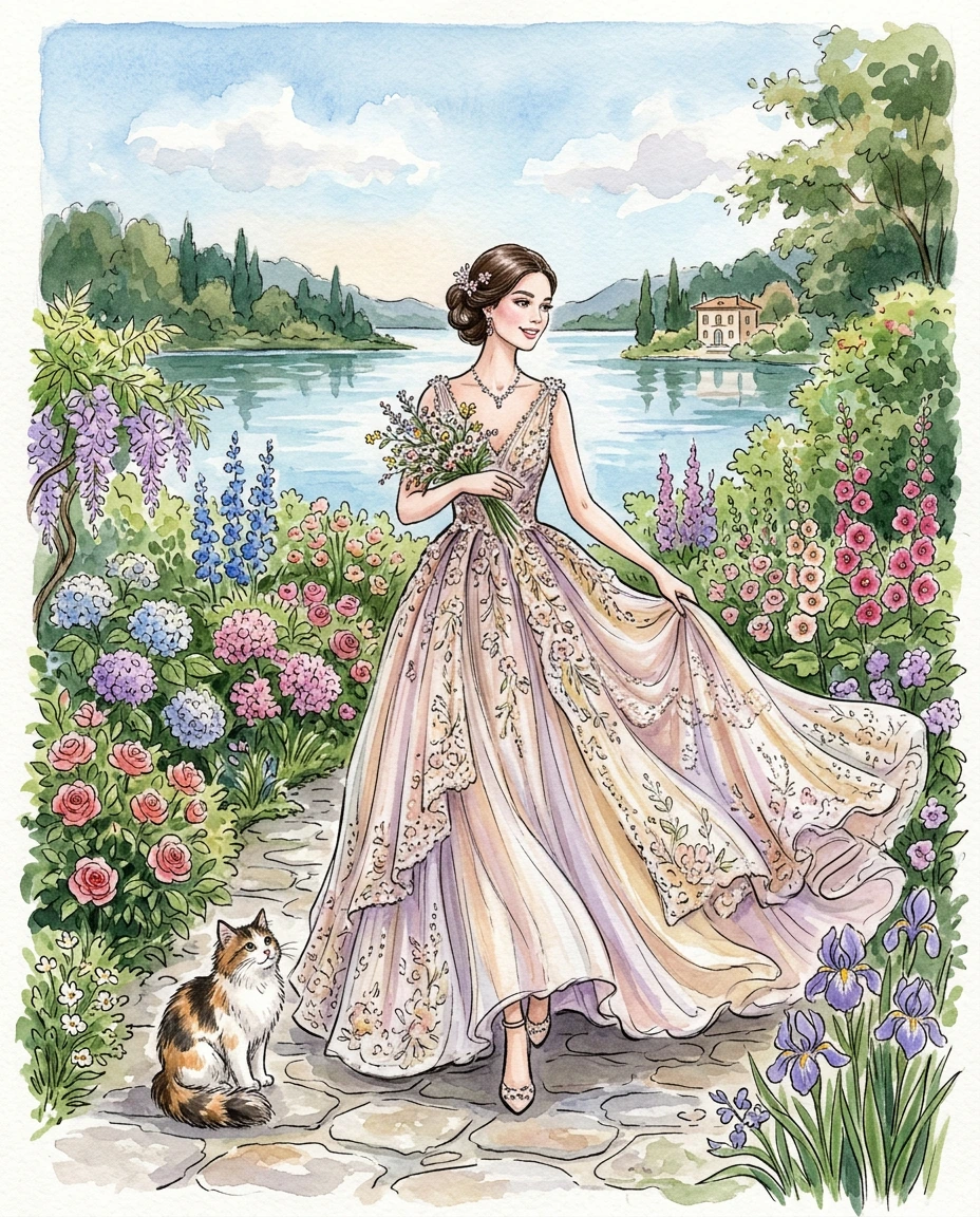 Fashion illustration elegant gown, cat, flower garden, lake