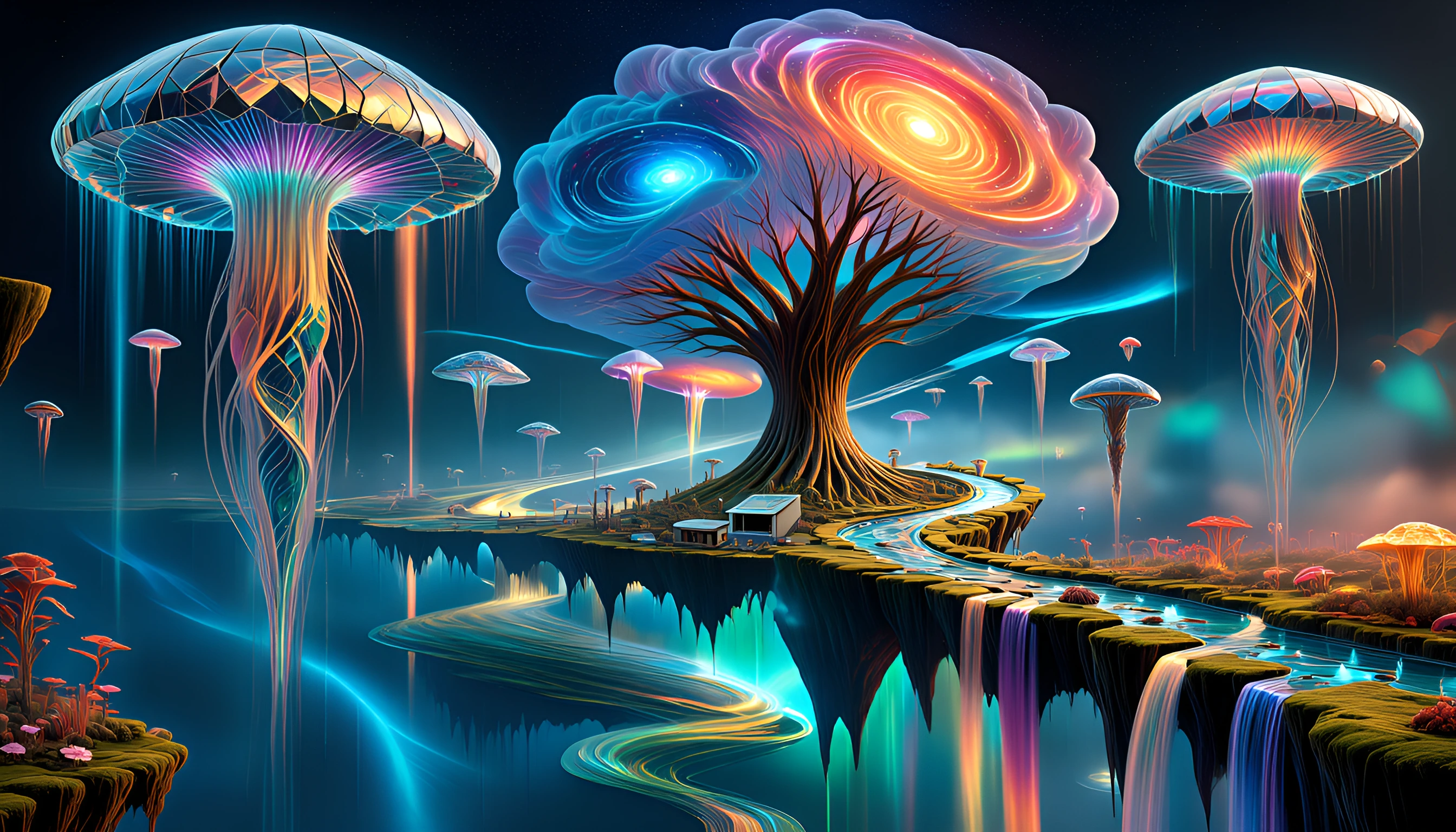 A crystalline dreamscape where bioluminescent jellyfish orchids bloom from fractured obsidian mirrors, their translucent petals containing miniature spiral galaxies swirling with stardust and nebula colors, roots made of liquid mercury flowing upward