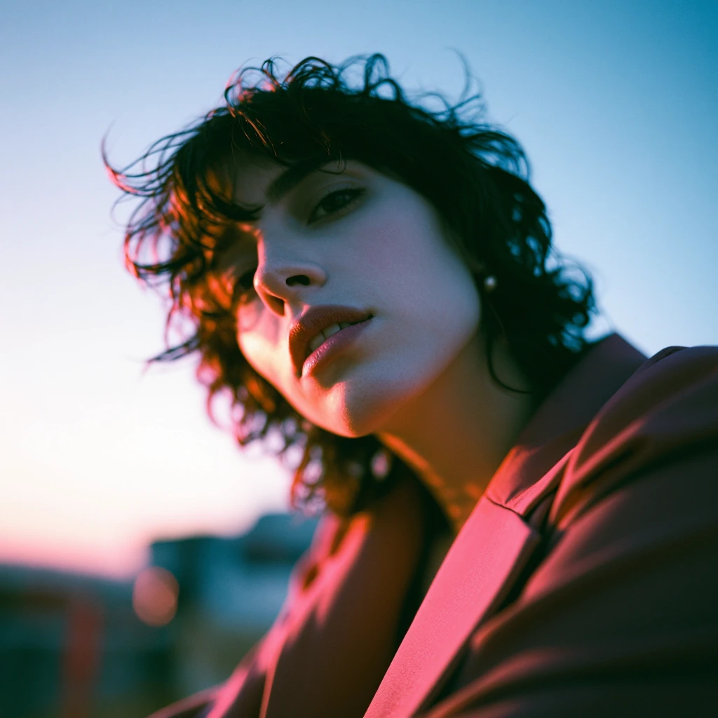 VISUAL STYLE: Dreamy, retro, lo-fi aesthetic with a strong emphasis on analog film grain and a slightly desaturated, warm color palette dominated by blues, pinks, and muted yellows. The lighting is soft and diffused, hinting at late afternoon or earl