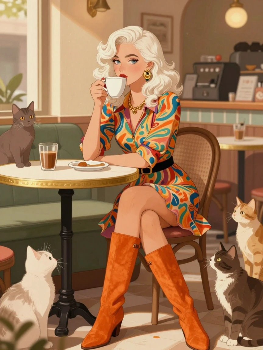 Stylish woman with platinum blonde waves in colorful patterned dress and orange suede boots, seductive pose, sipping coffee at vintage bistro table surrounded by attentive cats, warm retro illustration style, soft golden-hour lighting, cozy bohemian 