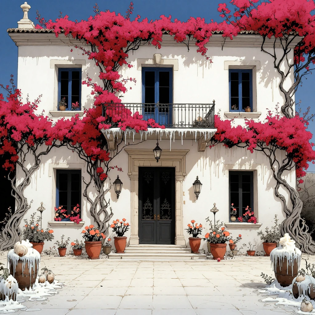 # Mediterranean Elegance A stunning white-washed villa blooms with vibrant magenta bougainvillea, creating a breathtaking Mediterranean scene. The ent