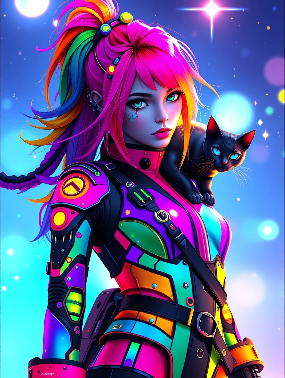 Beautiful woman in a sleek rainbow steampunk futuristic mech jumpsuit . Rainbow cat on shoulder. Rainbow Ombre hair. Starfield background. Anime photo mixed. Cinematic airbrushed style.