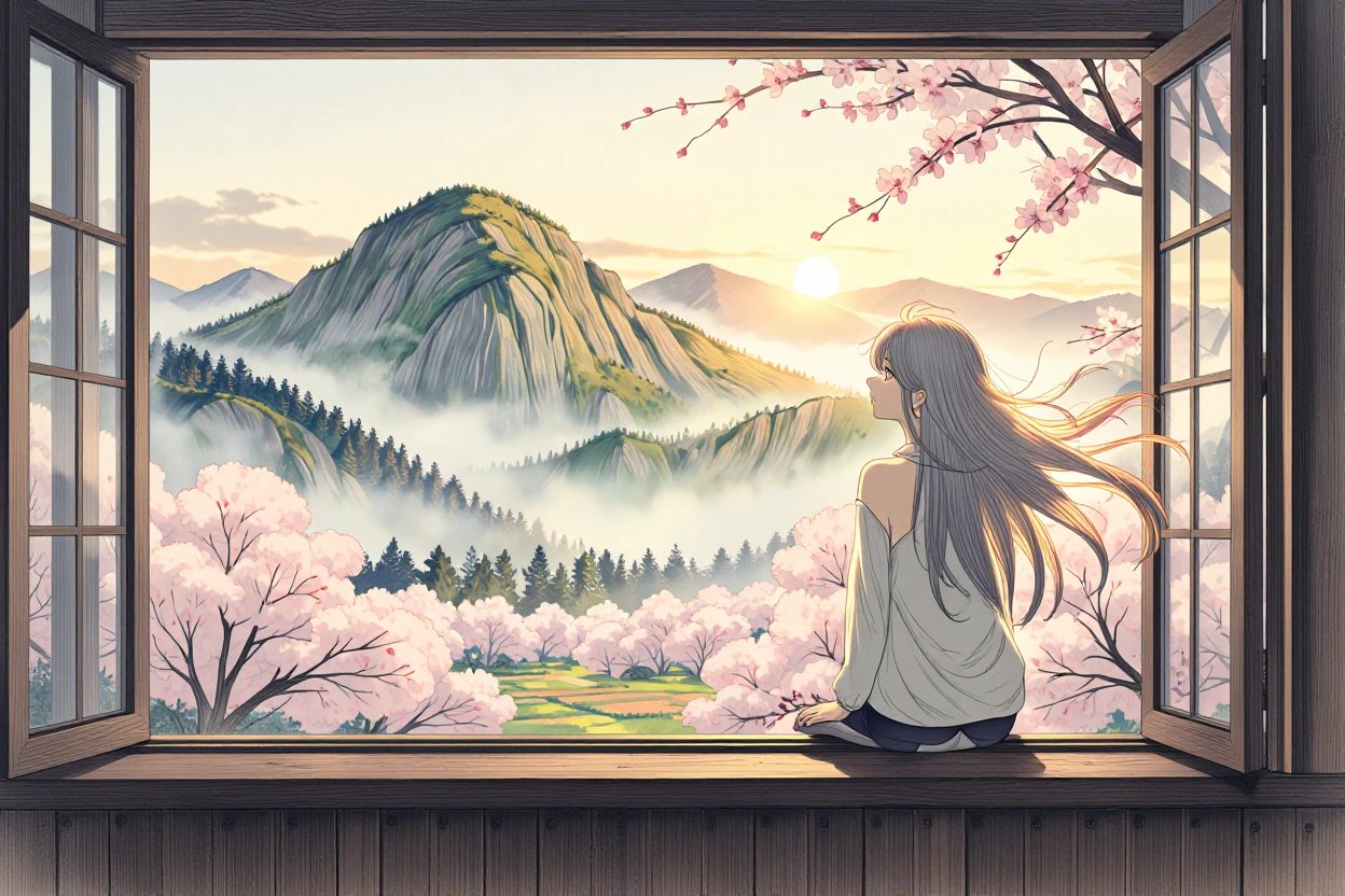 Wide dreamy Ghibli landscape banner with a beautiful anime girl with long silver hair sitting by a large open window looking out at misty mountains and cherry blossoms at sunset, soft side view, flowing hair catching golden light, peaceful and magica