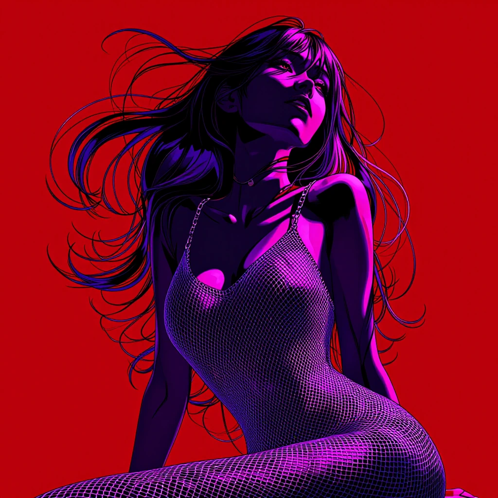 A slightly low-angle three-quarter portrait of a woman positioned against a perfectly flat, saturated crimson background, her body turned subtly to the left while her head tilts upward. She wears a liquid-like metallic chainmail dress with extremely