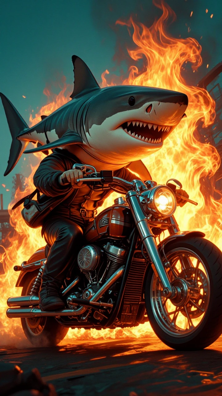 Great white shark, driving a harley motorcycle thats on fire. The shark is dressed in leather and shellfish. His motorcycle has large handle bars, a massive engine and more chrome than is necessary.