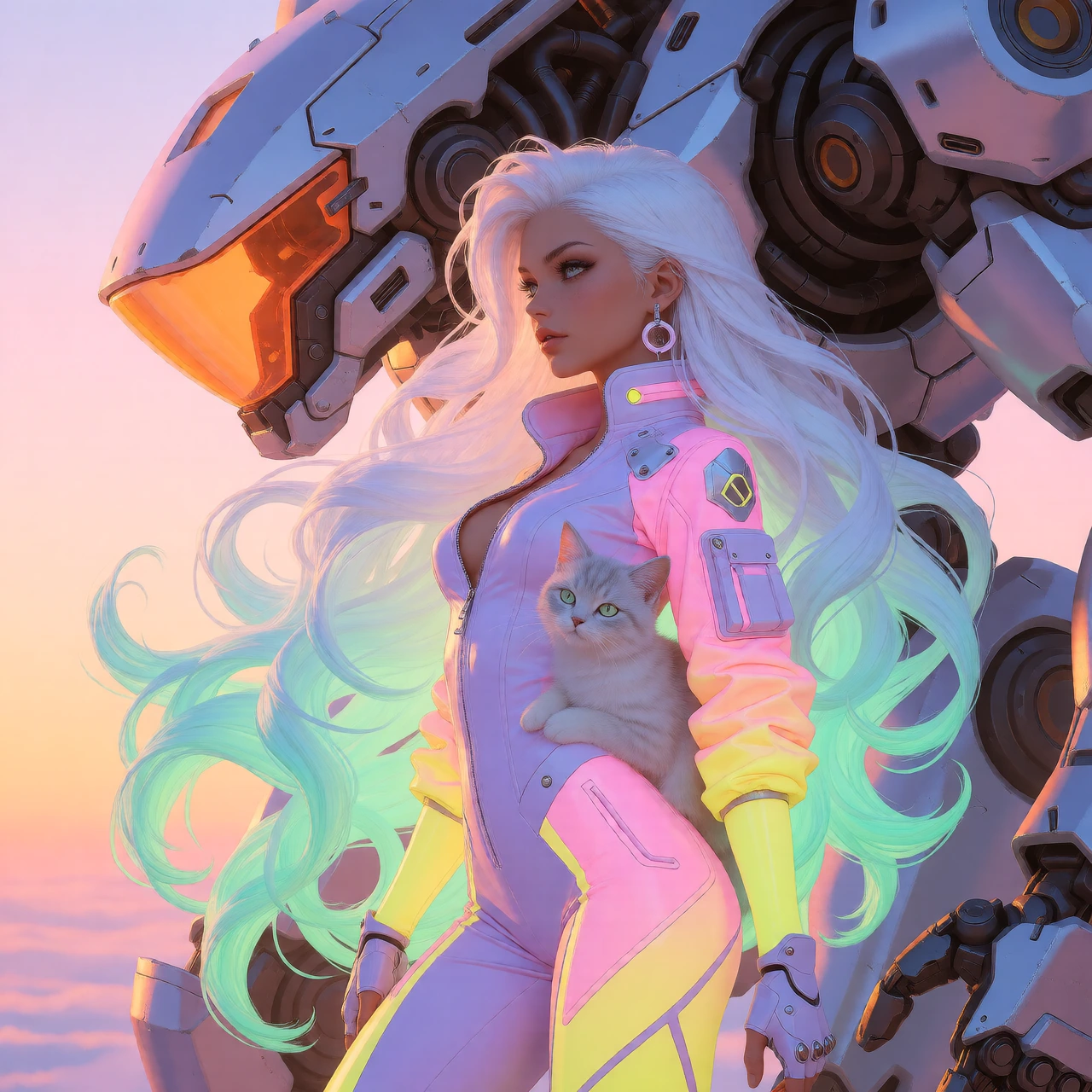 woman warrior long flowing platinum ombre hair with her cat and a giant mech, wearing a lavender pink yellow seafoam green jumpsuit, at sunrise