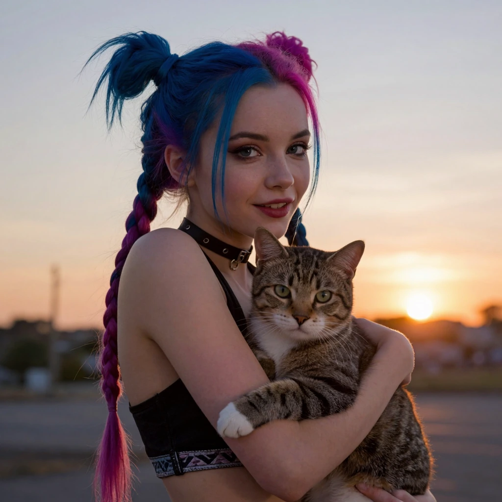 Beautiful Jinx with her cat, sunset