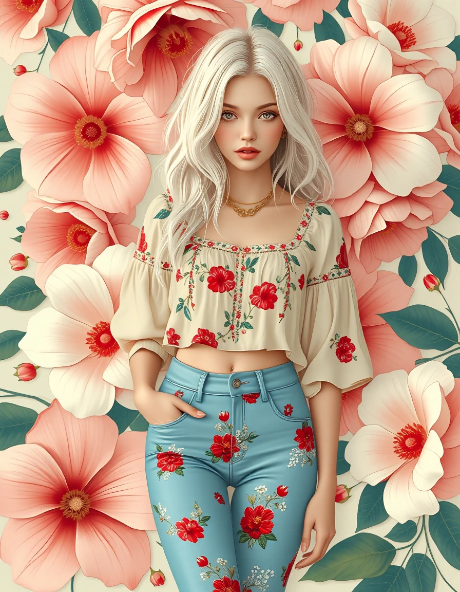 soft pale illustration of a woman with platinum hair, surrounded by big flowers, wearing floral jeans and a cropped peasant blouse, highly stylized painting