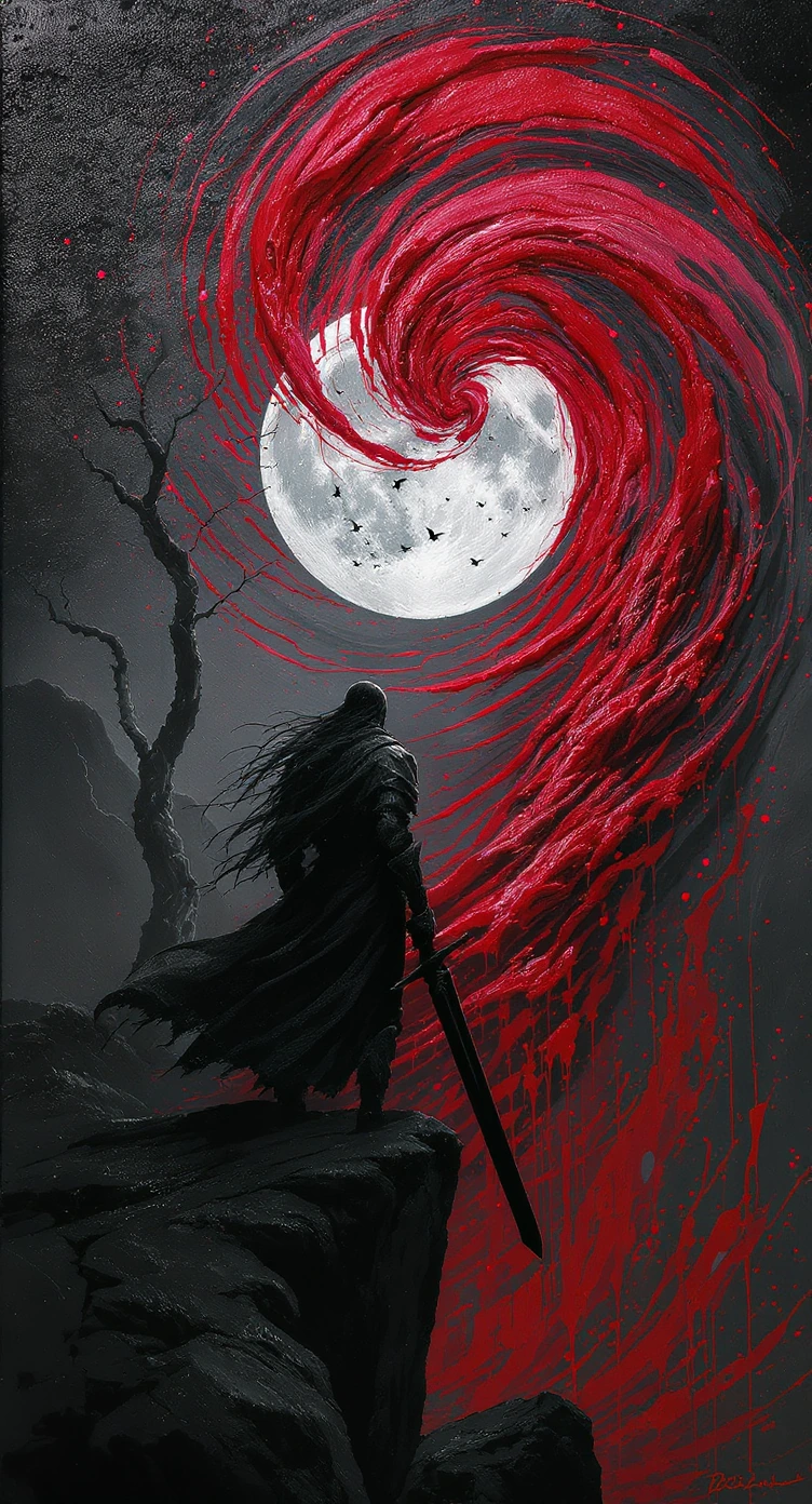 A minimalist, sombre and surrealist oil painting, characterised by thick impasto textures and bold palette knife strokes. The silhouette of a long-haired warrior, holding an enormous sword, stands on a jagged cliff edge overlooking a black void. In t