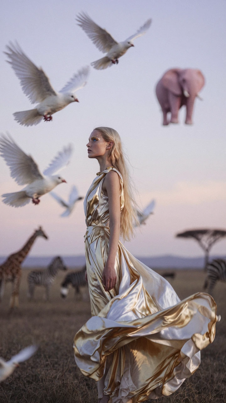 Surreal Dreamcore Style Image; Glamour model with long blonde hair and striking blue eyes in profile, wearing gold and white silk gown with billowing train that morphs midfabric into a flock of white doves midflight, their wings creating the fabric's