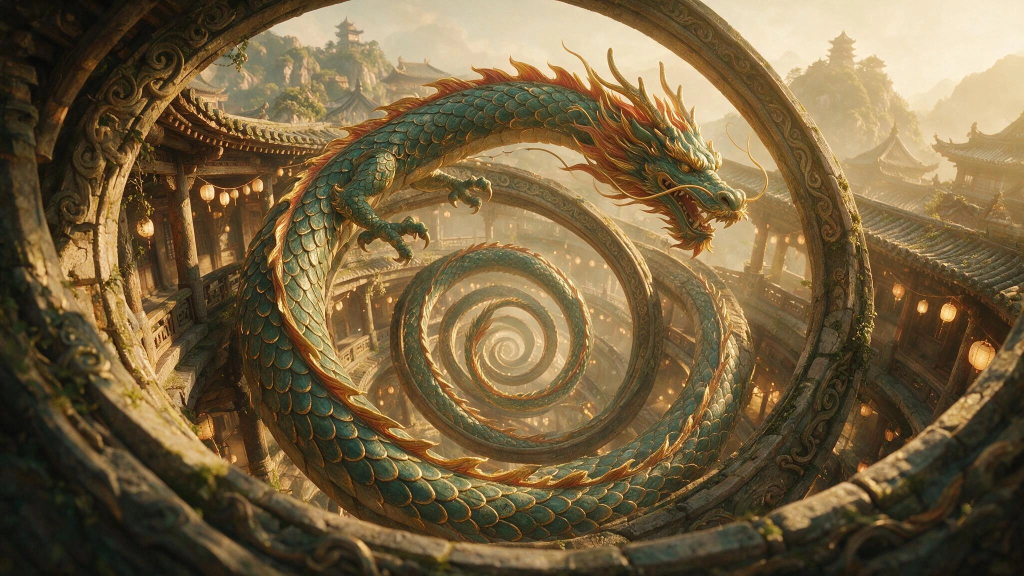 the texture of deja vu; An optical illusion of a never ending spiral of a dragon eating its own tail