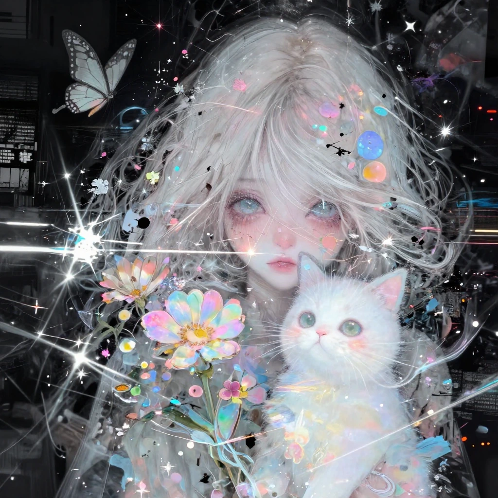 Close up, woman platinum hair with a white cat, flowers butterflies
