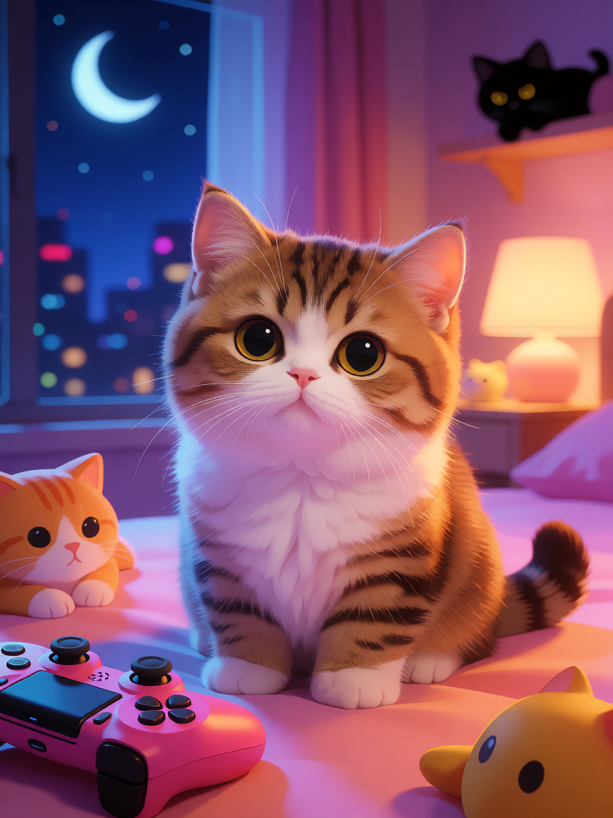 Cute munchkin kitten in a bedroom at night. City view and game controller, colorful