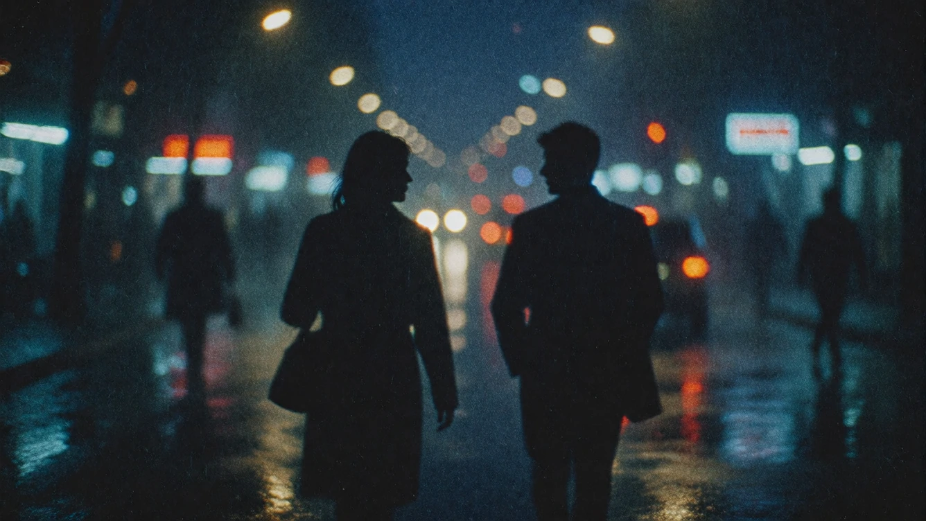 Two silhouettes traversing a rain-lacquered thoroughfare at gloaming, rendered in desaturated viridian and ultramarine beneath sodium-vapor luminescen