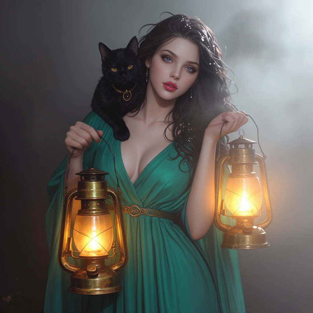 A ethereal woman in a flowing emerald gown holds an ornate brass lantern that casts golden light through thick fog, her black cat perched on her shoulder with glowing eyes, dewdrops sparkling like diamonds on her dark hair.