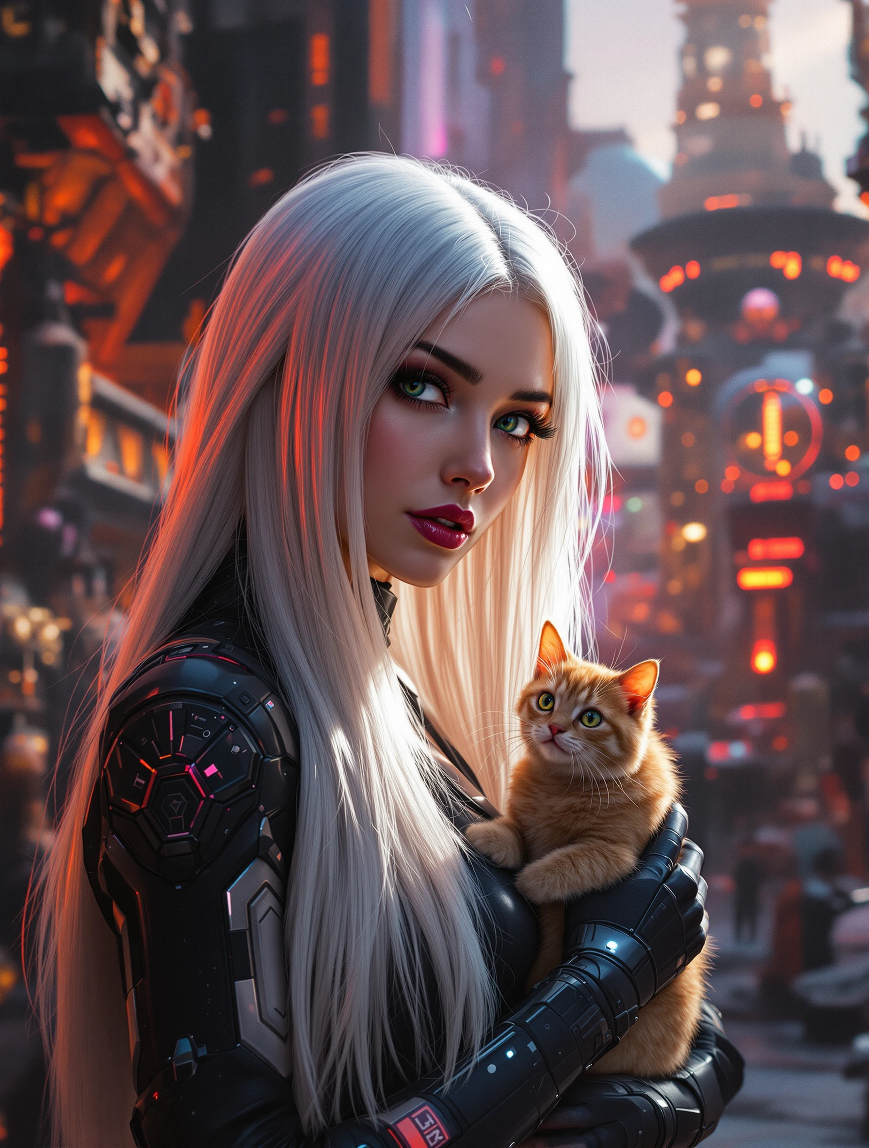 Woman long straight platinum hair with a cat. On left of spacecore planet alien town scene. Zero suit, Realistic 4k