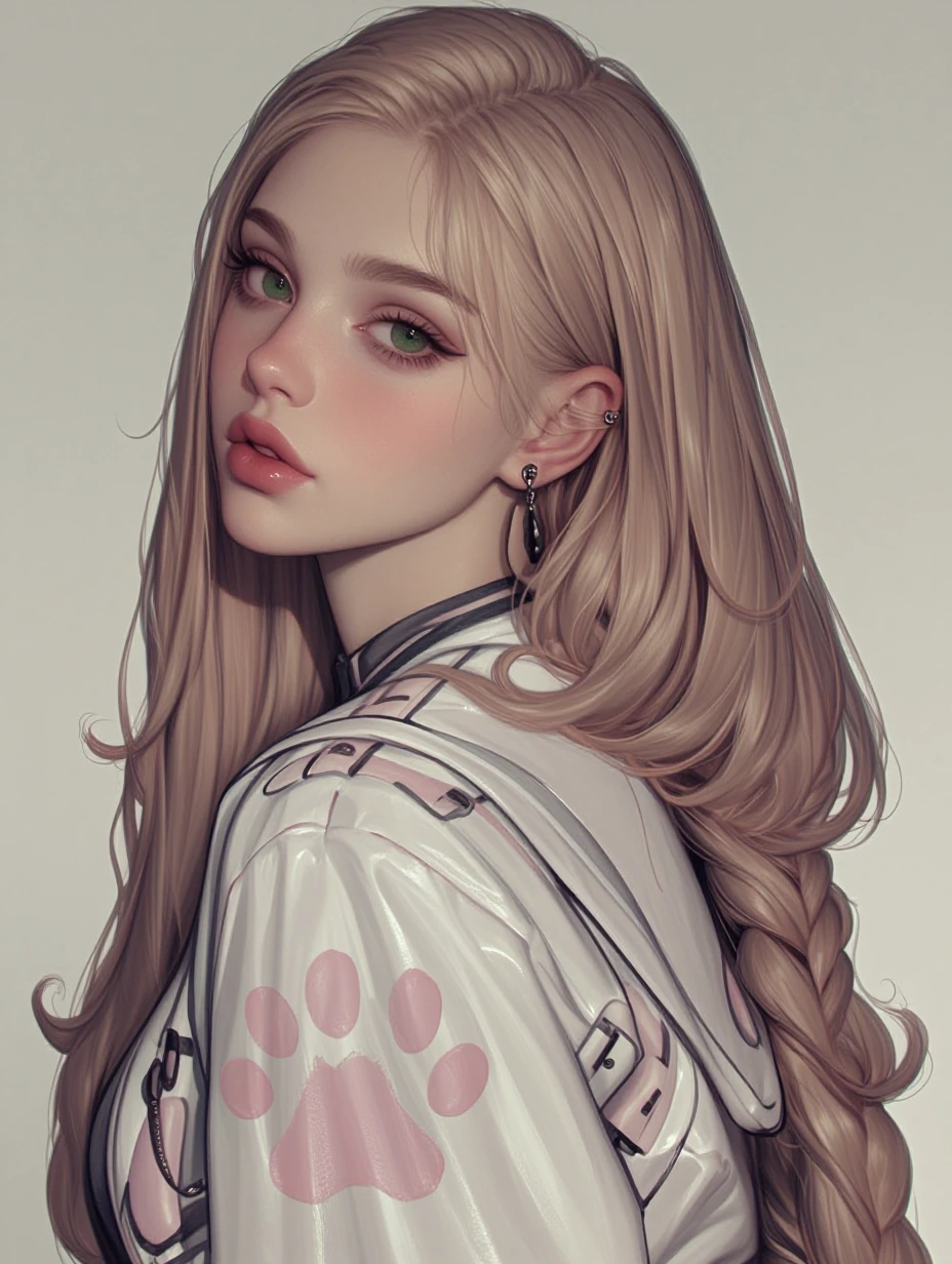 Pastel hair woman in a jacket with kitten paw print art