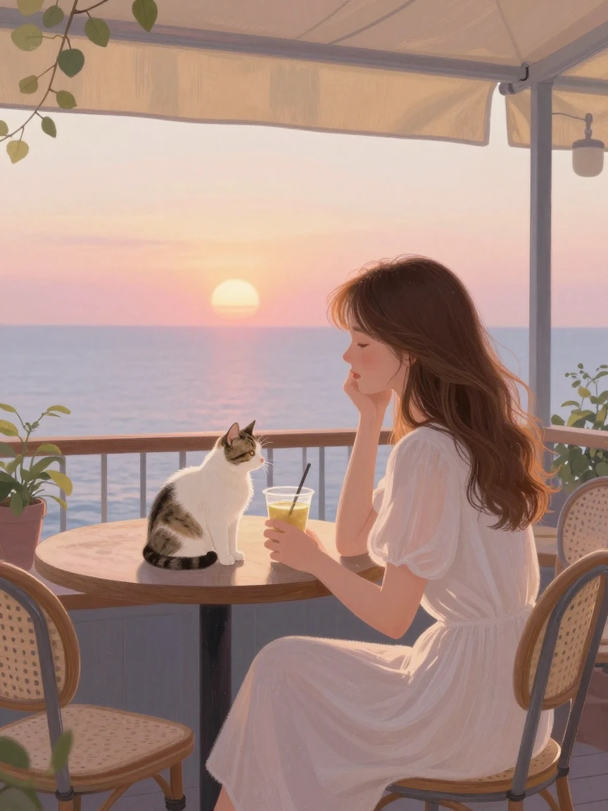Pastel folk art, woman at a caféwith her cat, sunrise