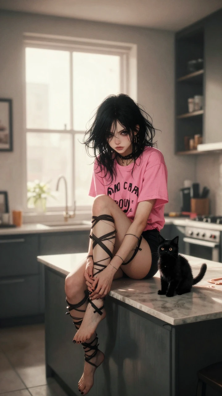 goth chick pink t shirt black shorts underwear sitting on kitcehn table with armed wrapped around knees with cute black cat and coffee in a modern NYC style apartment sunshine through window bright morning, the woman has black hair black fingernails 