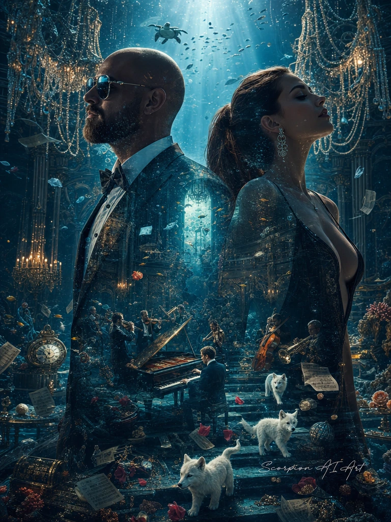 Create a hyper-realistic cinematic double exposure masterpiece featuring a bald man with a trimmed beard and sunglasses standing beside a glamorous bombshell brunette with a dark brown high ponytail, dressed in an elegant deep-neck evening gown, as t