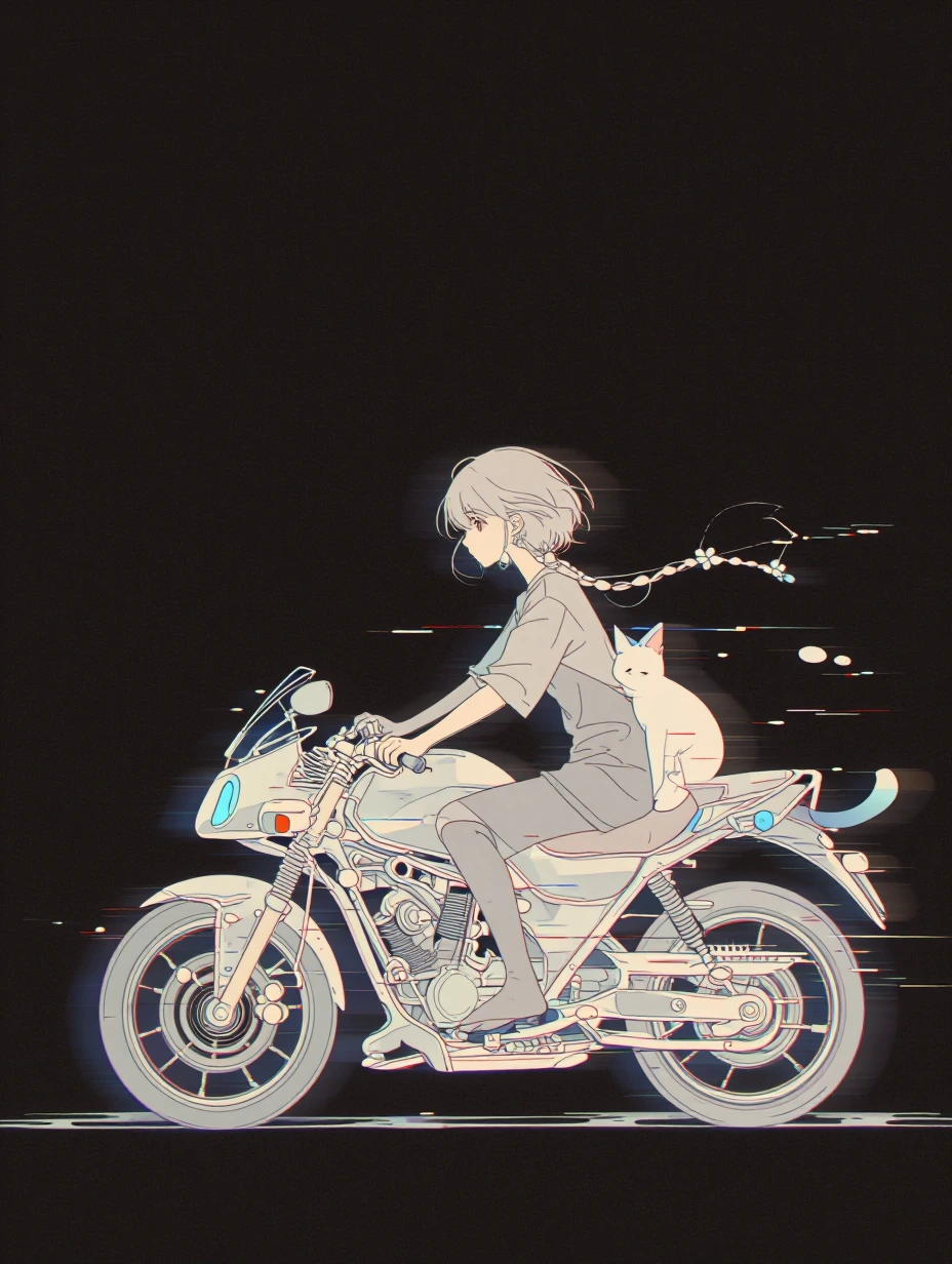 Dreamy vibes, cyberpunk, girl, motorcycle flowers neon, with a white cat with a blue tip on its tail