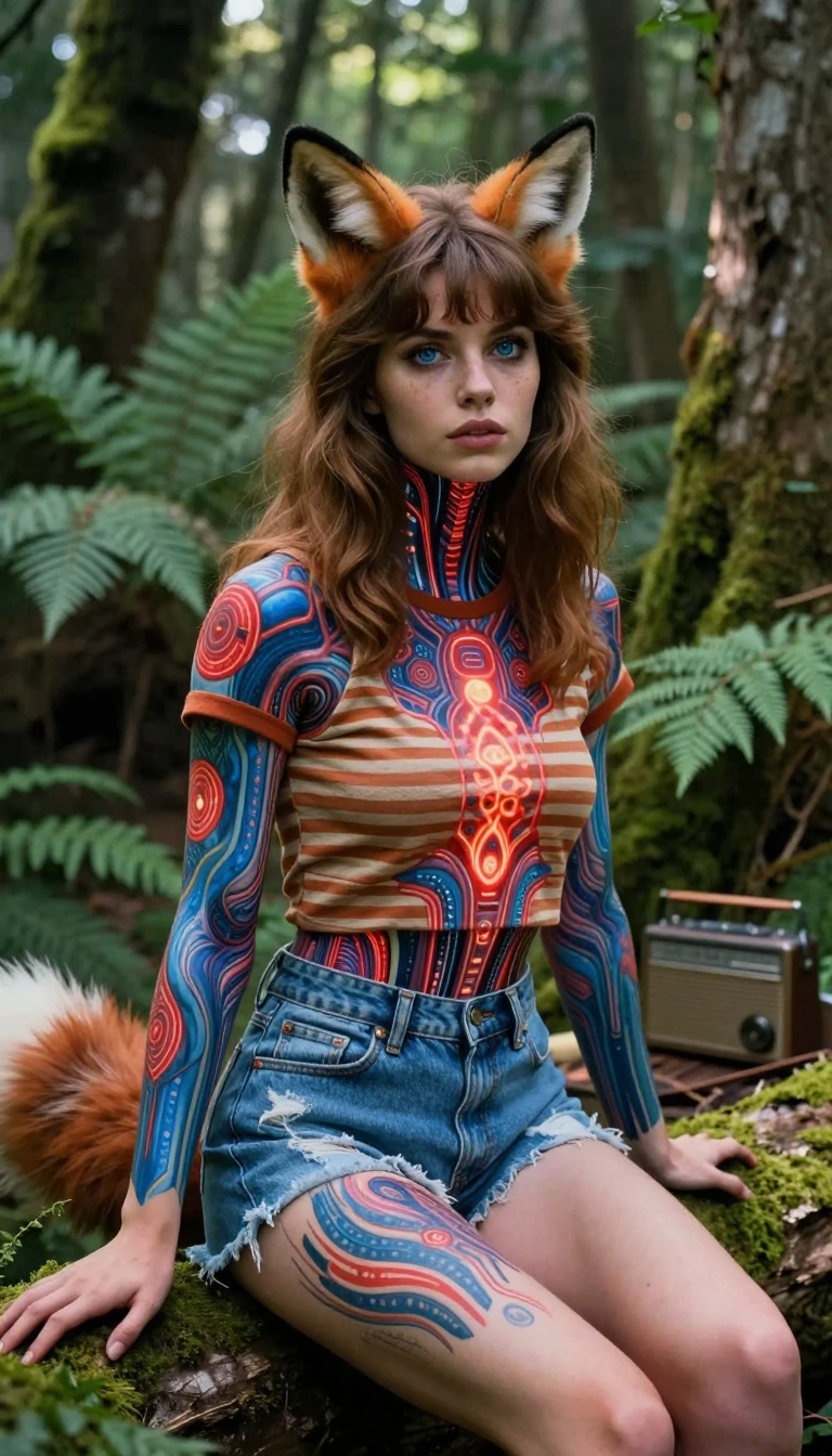 A realistic photograph with a distinctive vintage 1970s aesthetic and soft, airbrushed lighting. The portrait features a gorgeous, natural "girl next door" type woman with captivating, bright blue eyes and soft brown hair styled in a natural shag. S