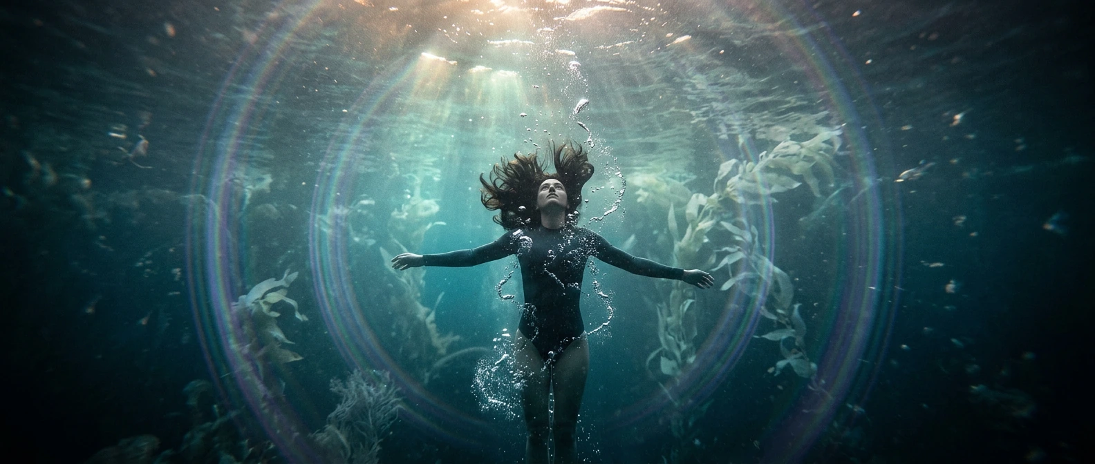 Capture an ethereal underwater scene embodying the paradox of silent sound — a lone figure suspended in deep cerulean water, weightless, arms gently outstretched, surrounded by spiraling ribbons of silver air bubbles frozen mid-ascent. Light fracture