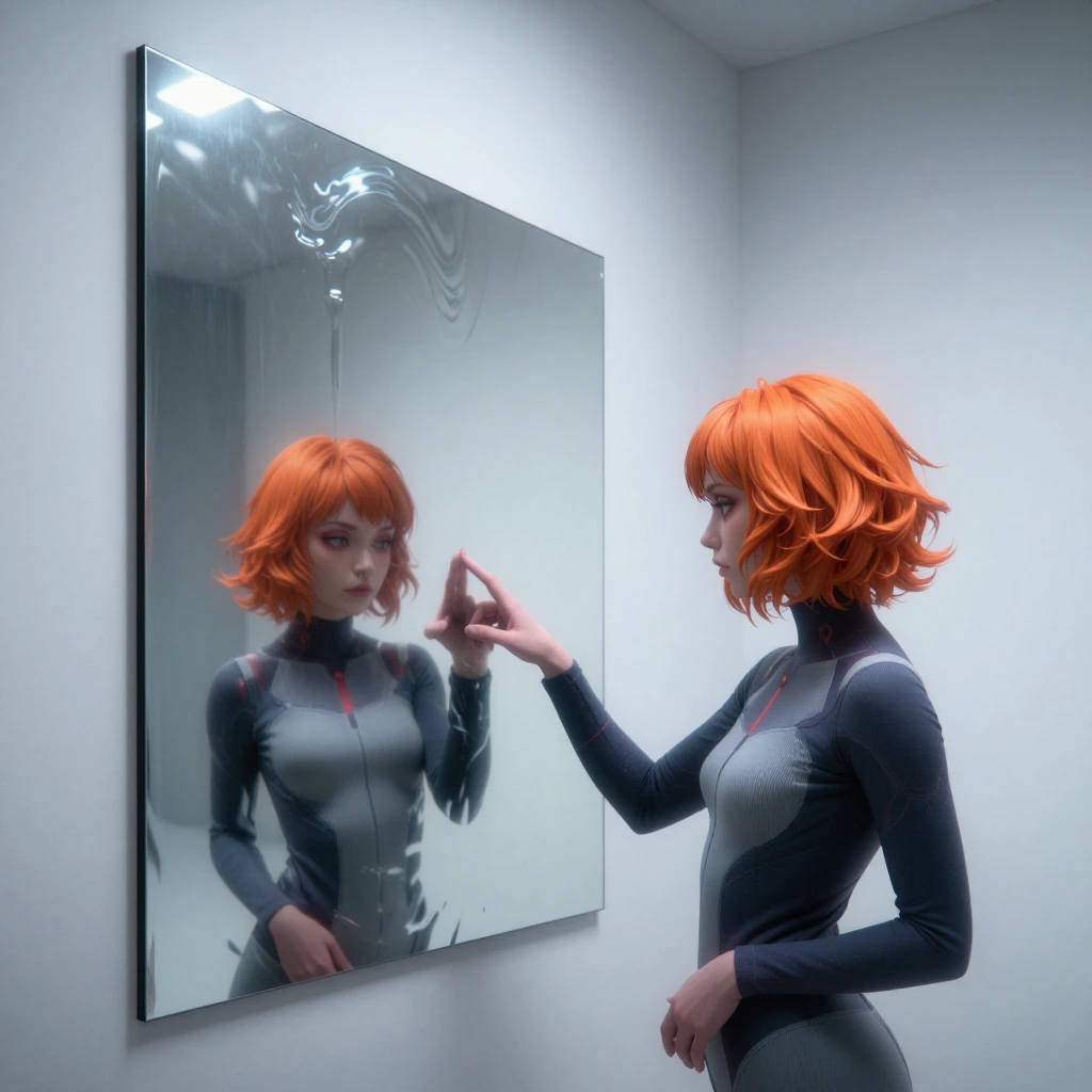 sleek minimalist room with sharp angular lines and soft cool lighting, a large mirror on the wall rippling like liquid water under a woman's fingertips, she has bright orange hair and wears a bladerunner-style fitted suit, clinical and controlled env