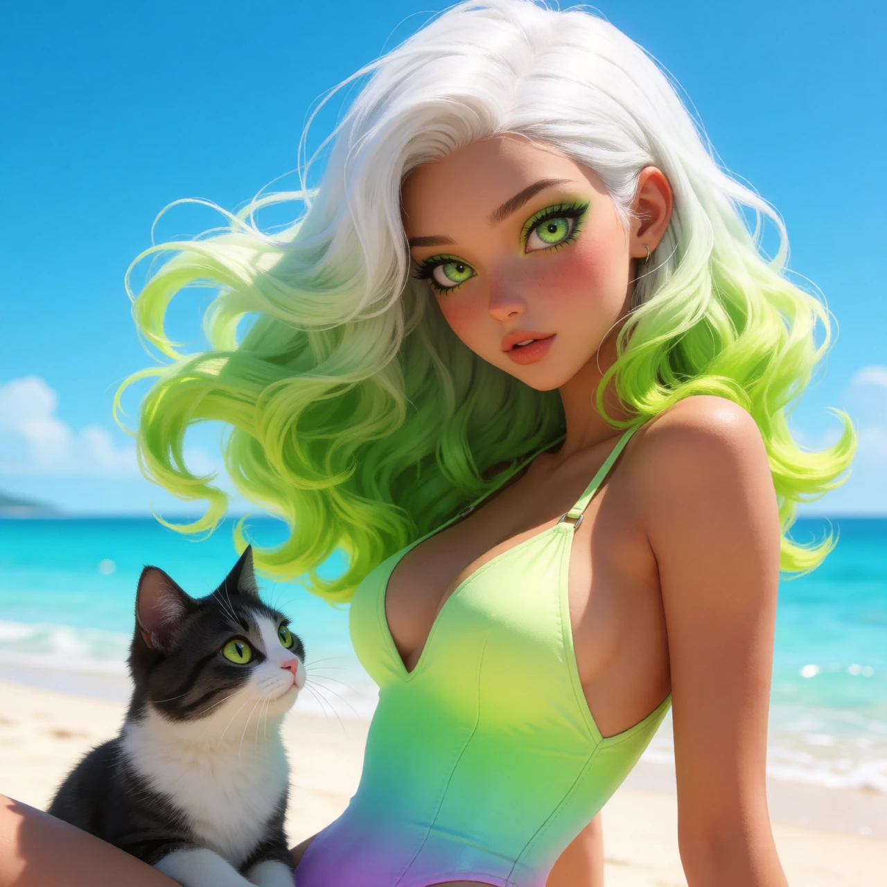 Woman, cat, green eyes, platinum lime green ombre hair, on the beach, melon ombre one piece swimsuit, cat nearby