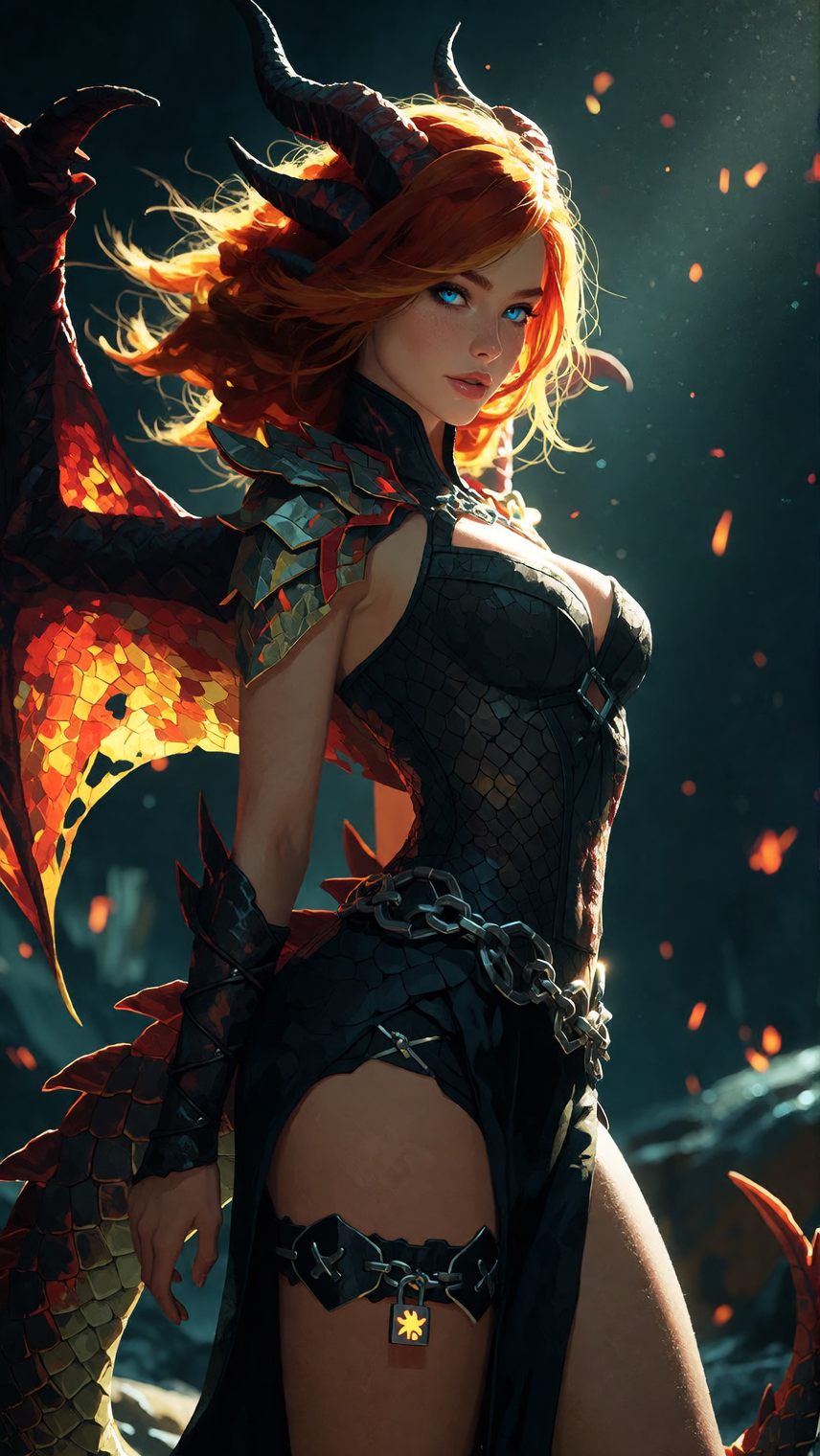 Masterpiece, best quality, ultra-detailed digital illustration, photorealistic rendering, extremely sharp details, realistic skin texture with subtle pores, intense specular highlights, cinematic composition. Lila Brooks as a dragon woman, standing w