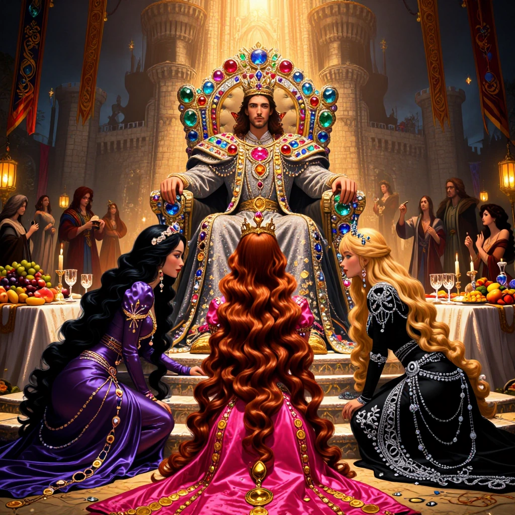 A majestic fantasy kingdom celebration scene, ultra-detailed, cinematic masterpiece. A powerful king sits proudly upon an enormous throne crafted enti