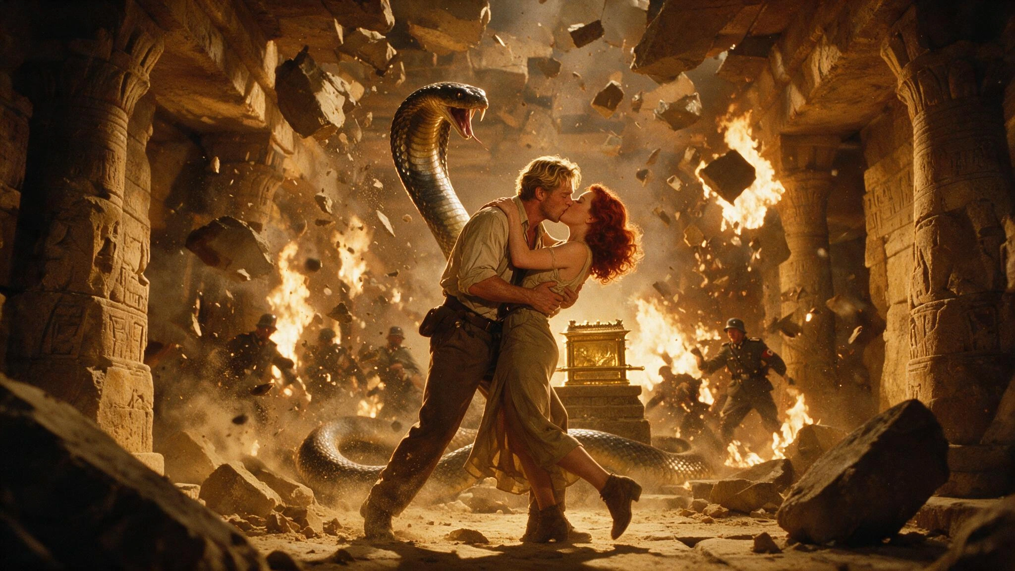 Day 6 — Lost Treasures, The priceless thing wasn’t what was found; A cinematic still from a 1938 adventure film: a blonde rakish adventurer and glamorous redhead actress locked in a passionate kiss mid-stride through crumbling sandstone temple corrid