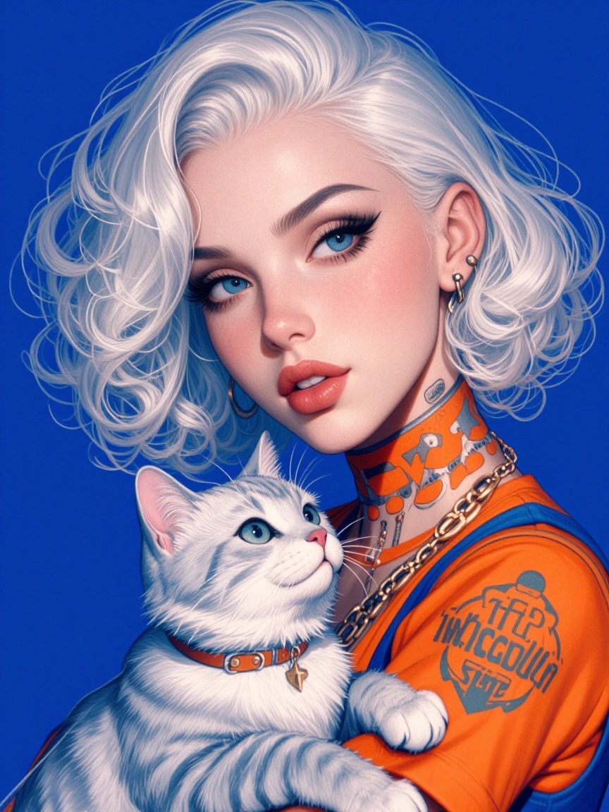Pop art 60s psychedelic woman platinum hair with her cat