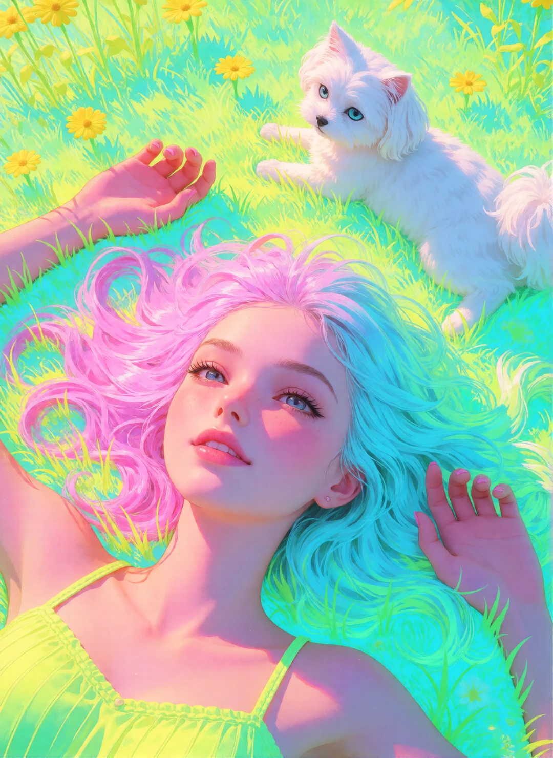 Fluorescent pink fluorescent, aqua, fluorescent, yellow, and otherworldly background. Woman, cat, and Maltese lying out in the sun.