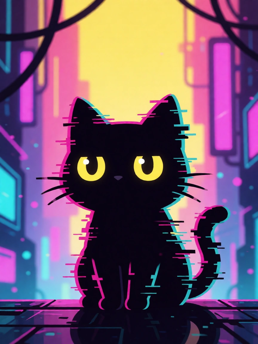 cute glitch cat in a cyberpunk world
