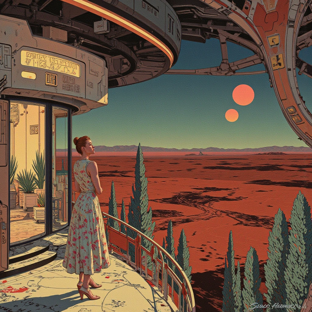 A 1950s-style woman in a vintage floral dress standing on the balcony of a glass dome house on Mars, a red desert landscape and two moons in the backg