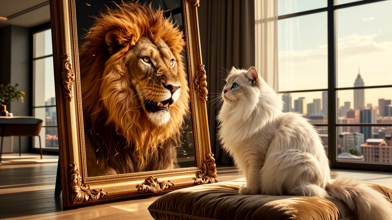 A fluffy white Persian cat with striking blue eyes sits elegantly on a velvet cushion in a sunlit modern penthouse, gazing intently at an ornate gold-
