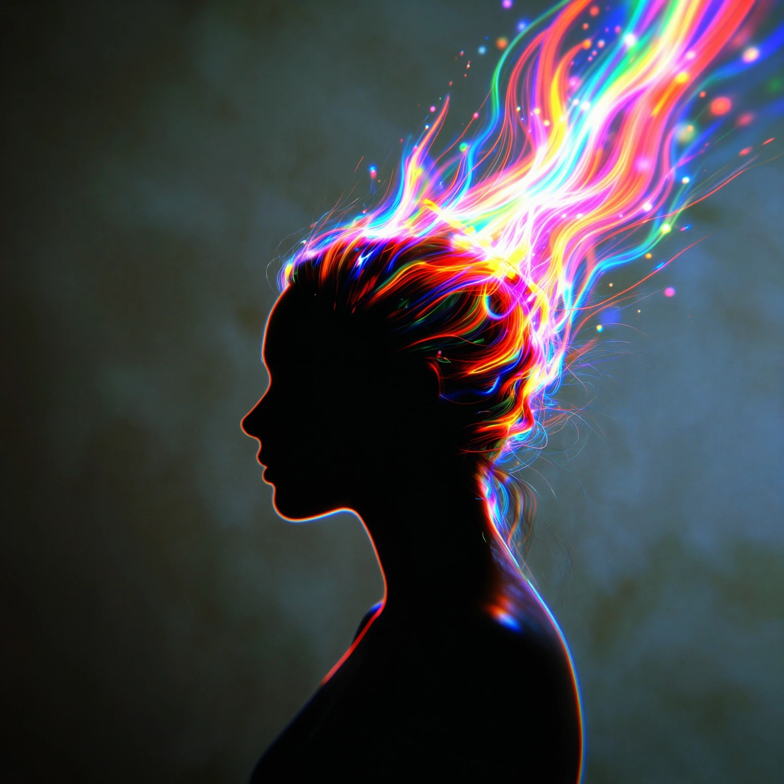 A profile silhouette of a person's head with vibrant, abstract, swirling energy erupting from the top, detailed with intricate lines and glowing parti