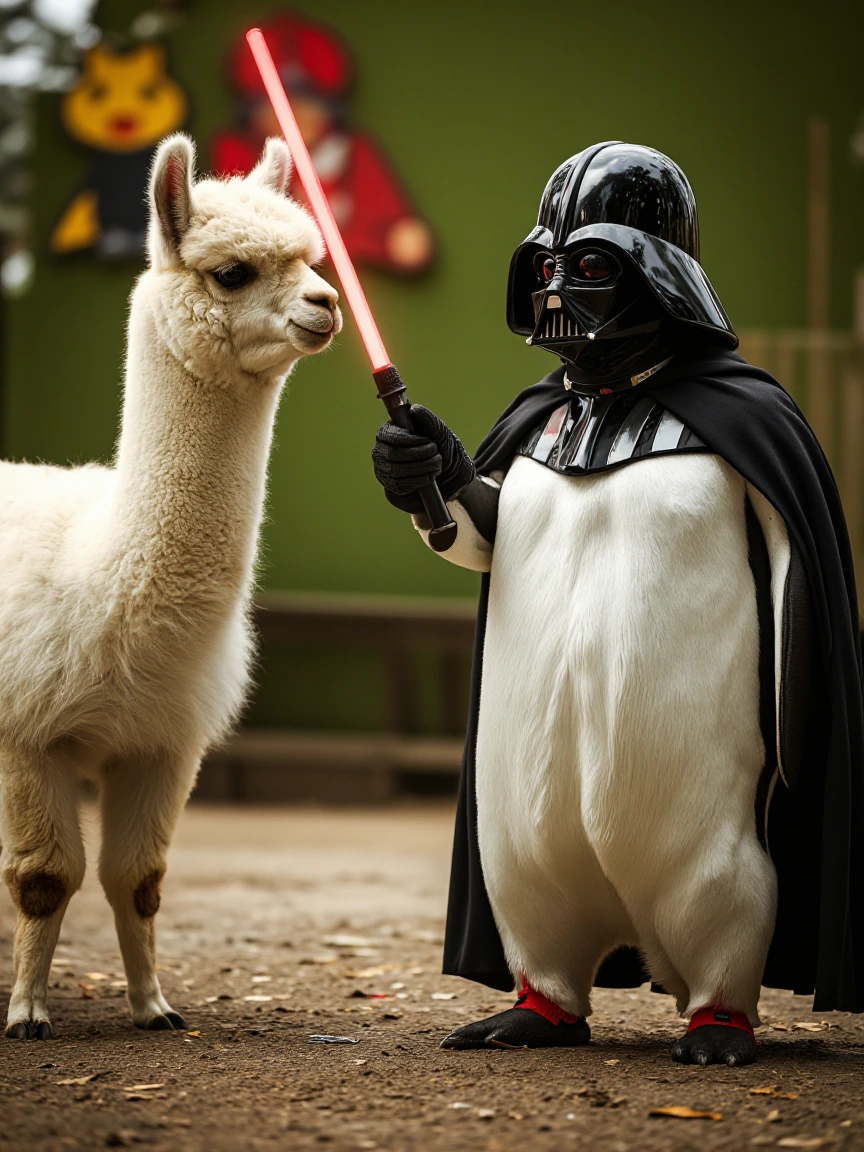 A penguin dressed as Darth Vader fighting a llama with light sabers