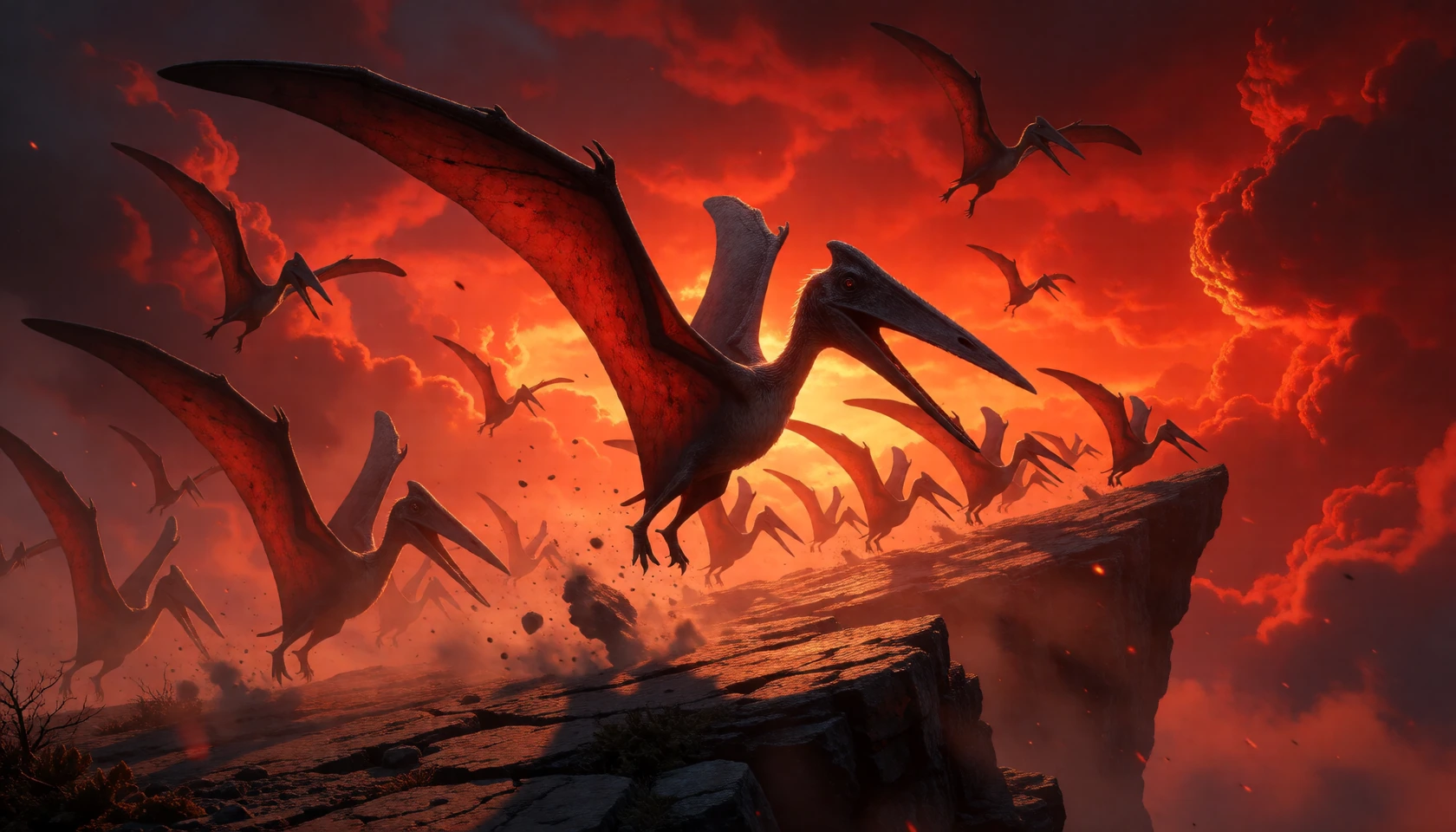 Capture a colossal flock of pterosaurs launching from a jagged rocky ledge as apocalyptic fire-red skies blaze overhead, the moment a lead pterosaur snaps its leathery wings open mid-launch, talons pushing off crumbling stone, dust and loose pebbles 