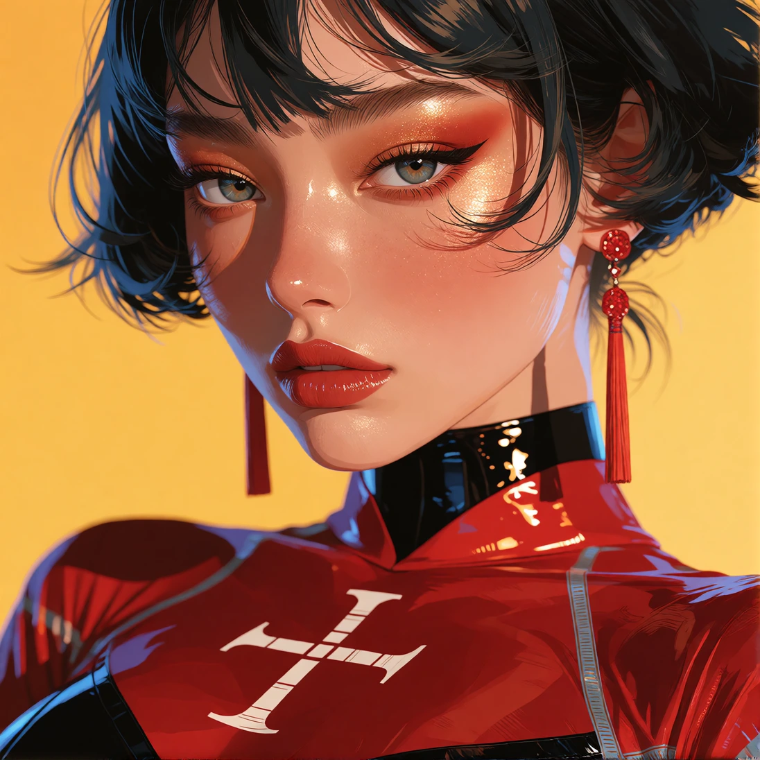 anime girl with split-tone hair ice blue and jet black, blunt geometric bangs with individual strand definition, sharp red lipstick with glossy sheen, metallic red eyeshadow with micro-texture detail, bold red ornamental earring with light refraction