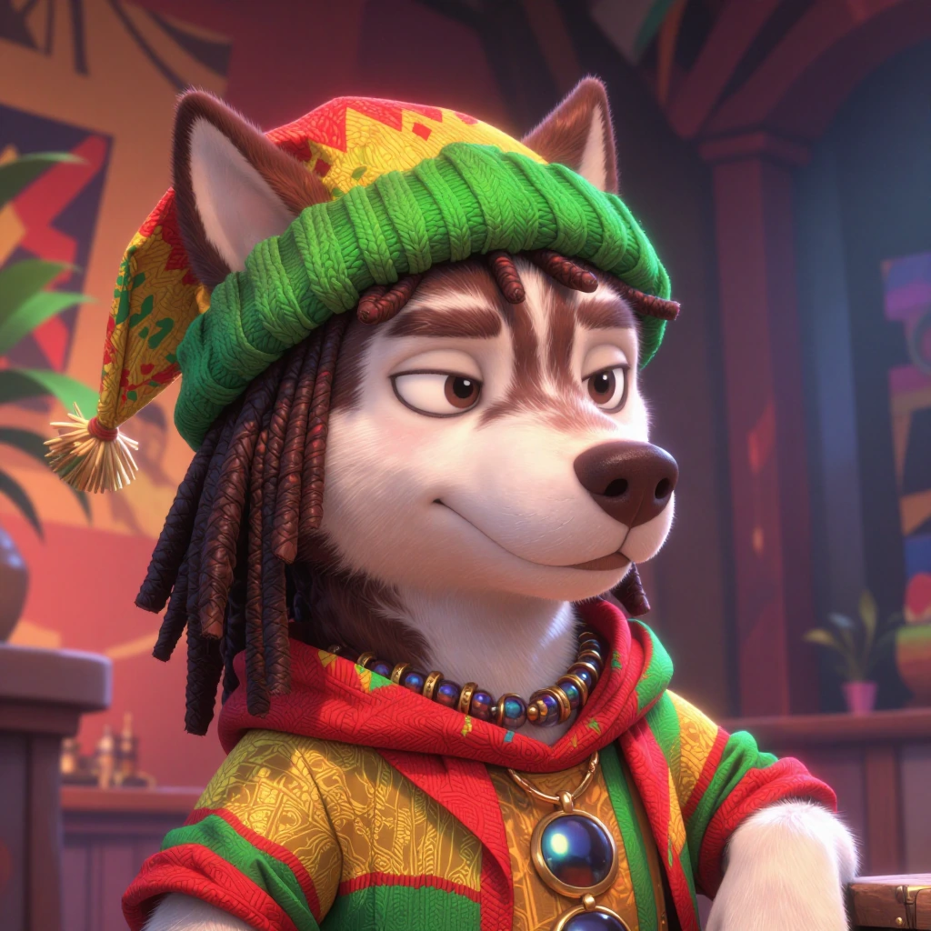 Pixar-style 3D husky character, wearing vibrant Rastafari clothing with red gold and green colors, knit beanie with dreadlocks, relaxed laid-back expr