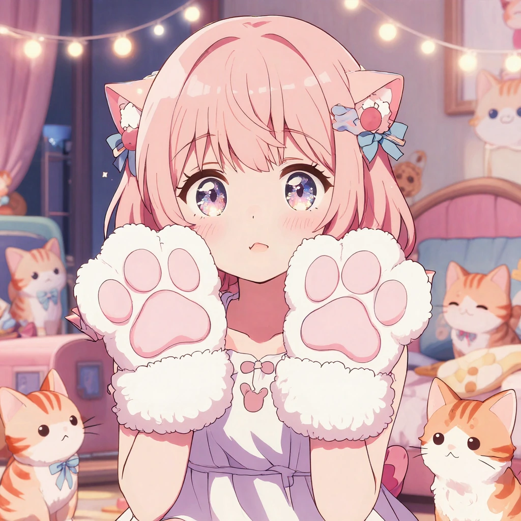 Soft pastel anime girl with large sparkling eyes wearing fluffy pink paw gloves, surrounded by playful orange tabby kittens in a dreamy bedroom filled with plush toys and fairy lights